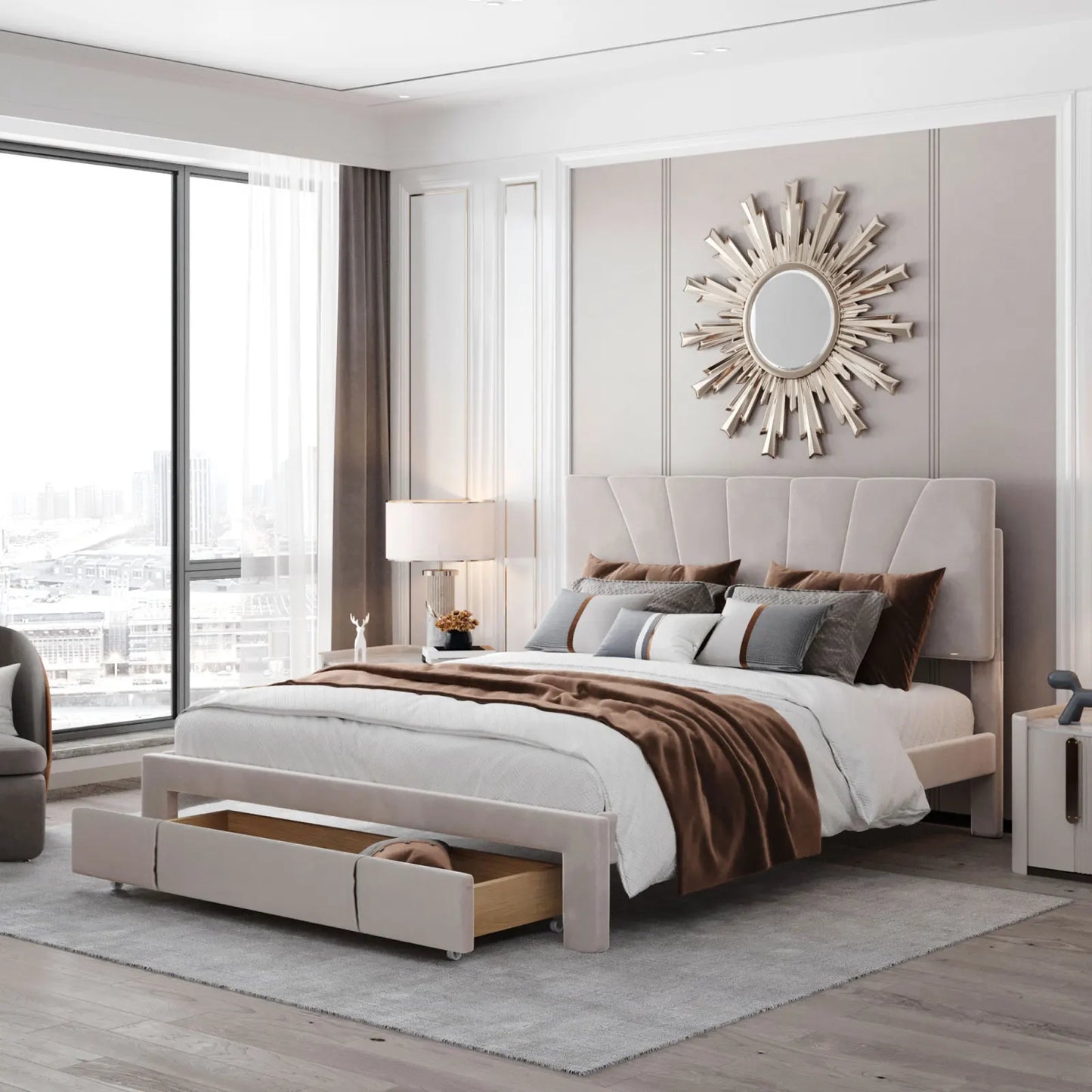 Velvet Bed with Storage Drawer