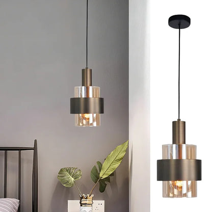 Cylindrical Amber Glass and Bronze Pendant Light