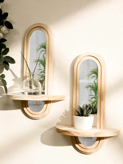 Bohemian Natural Wood Wall Shelf with Mirror