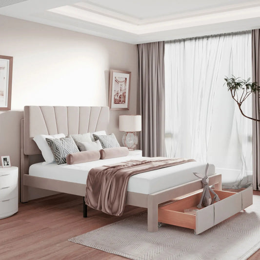Velvet Bed with Storage Drawer