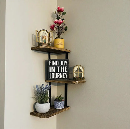 Rustic 3-Tier Wood & Metal Corner Wall Shelf