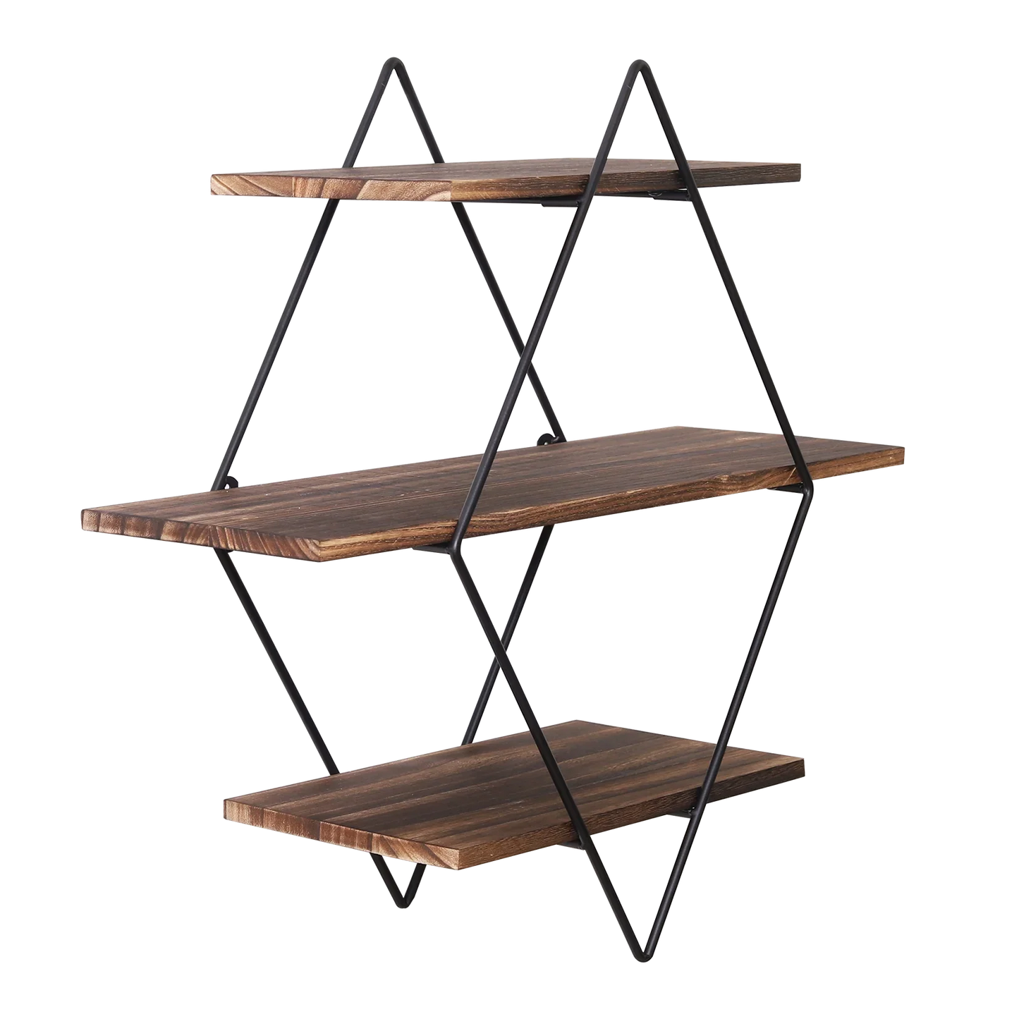 Industrial Geometric 3-Tier Wood & Metal Wall Shelf