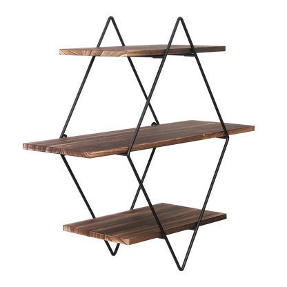 Industrial Geometric 3-Tier Wood & Metal Wall Shelf