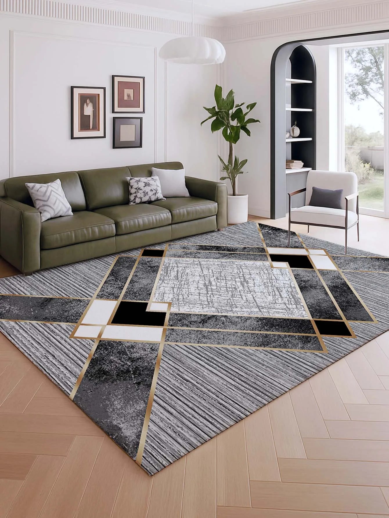 Gray and Gold Geometric Rug