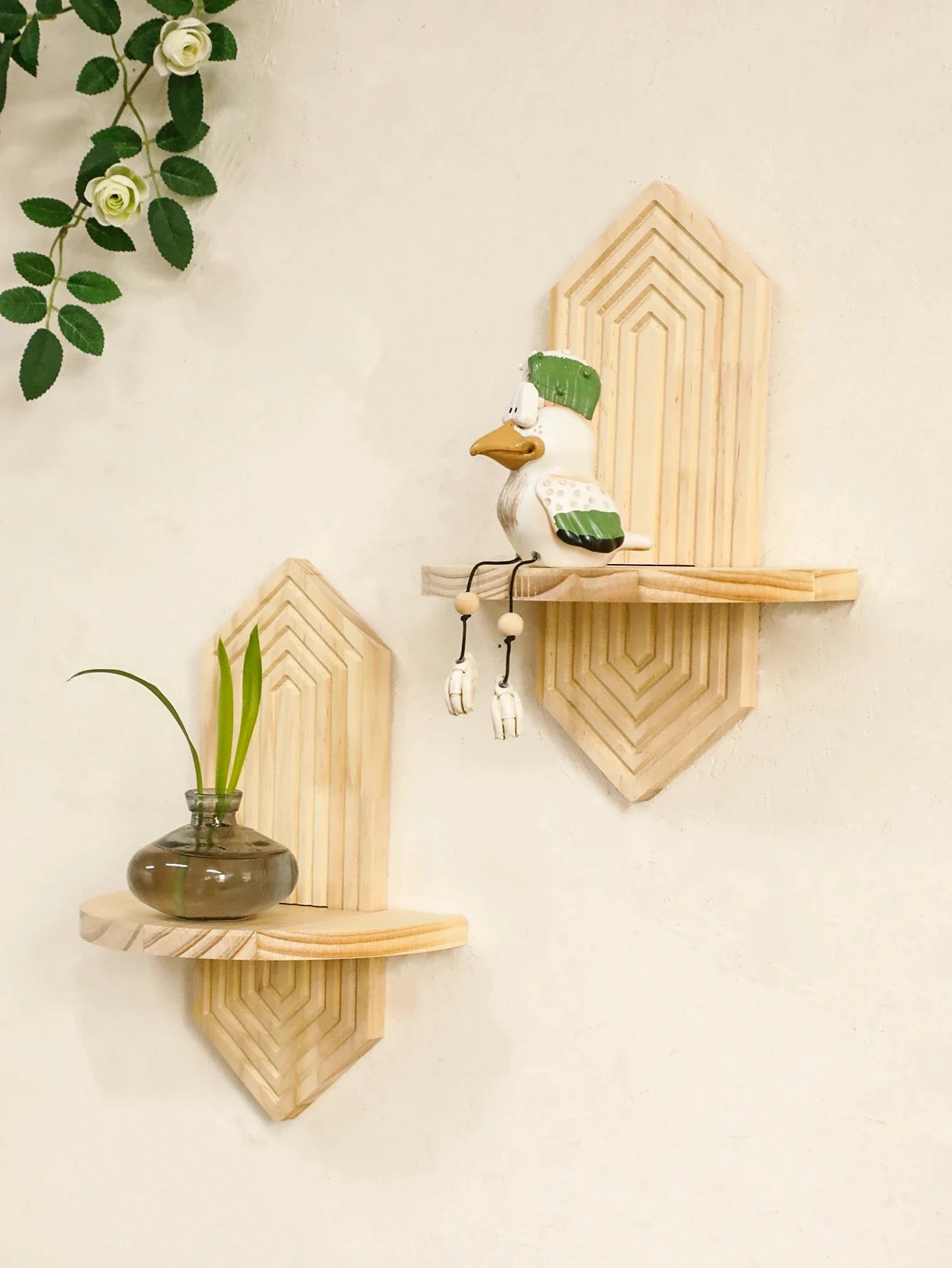 Bohemian Geometric Natural Wood Wall Shelves