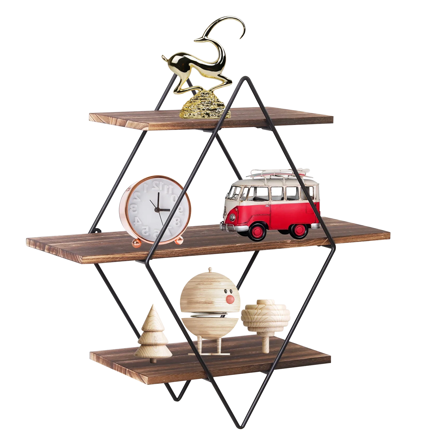 Industrial Geometric 3-Tier Wood & Metal Wall Shelf