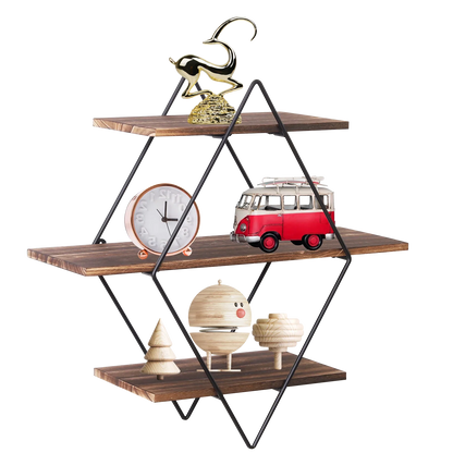 Industrial Geometric 3-Tier Wood & Metal Wall Shelf