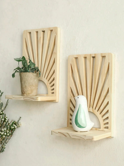 Bohemian Sunburst Natural Wood Wall Shelf