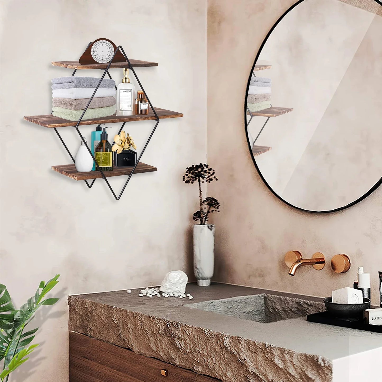 Industrial Geometric 3-Tier Wood & Metal Wall Shelf