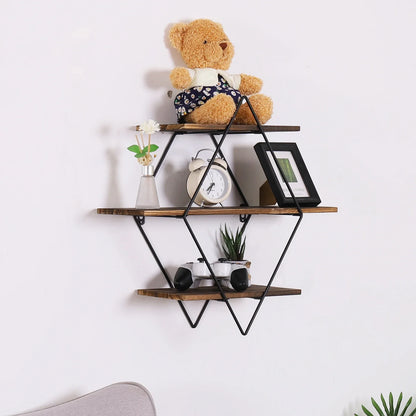 Industrial Geometric 3-Tier Wood & Metal Wall Shelf
