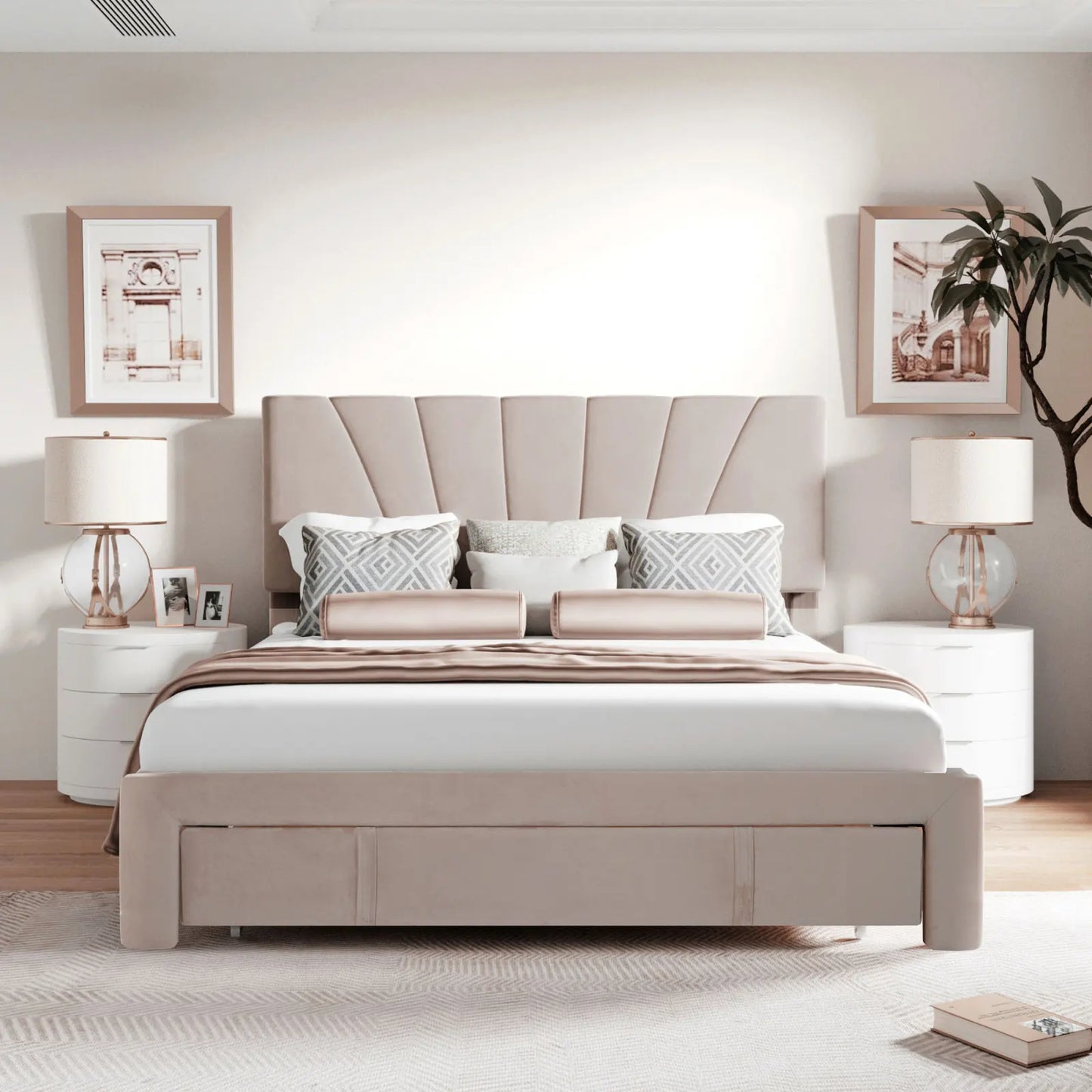 Velvet Bed with Storage & Drawer