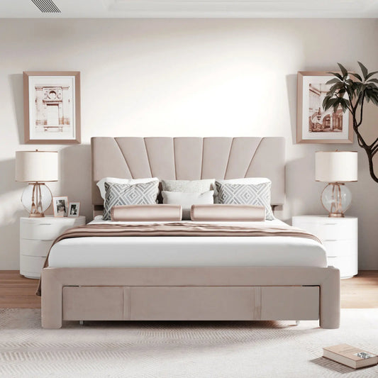Velvet Bed with Storage & Drawer