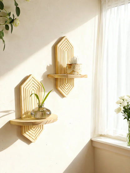 Bohemian Geometric Natural Wood Wall Shelves