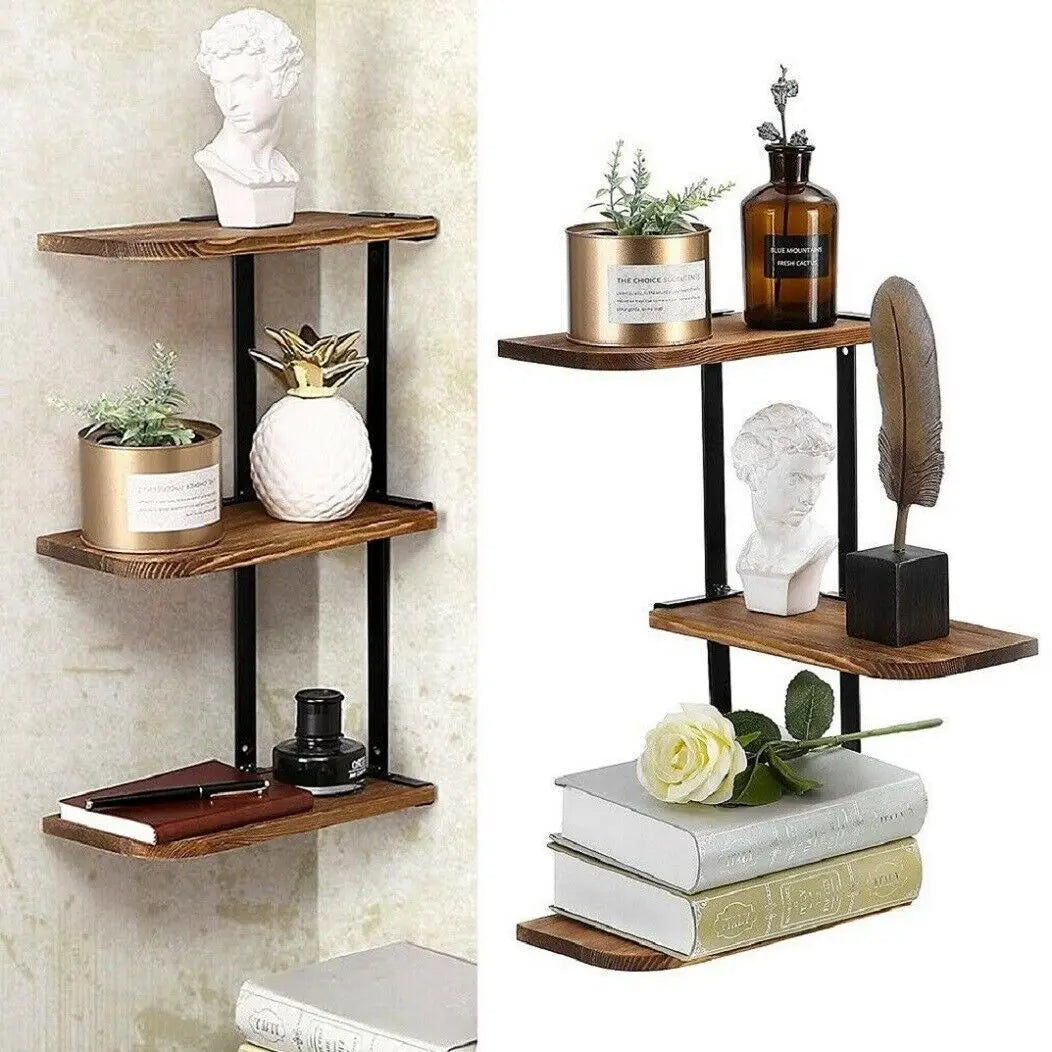 Rustic 3-Tier Wood & Metal Corner Wall Shelf