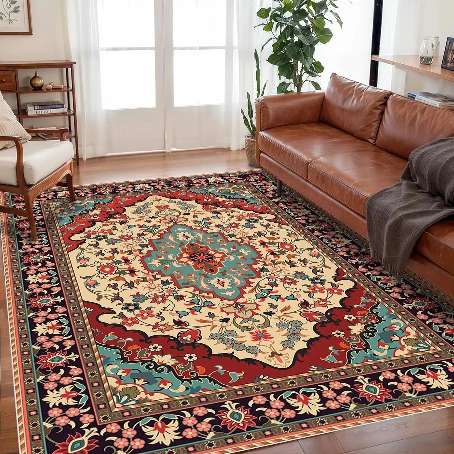 Red and Turquoise Vintage Floral Boho Rug