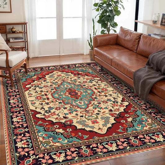 Red and Turquoise Vintage Floral Boho Rug