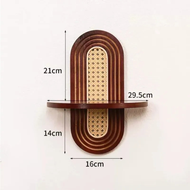 Bohemian Woven Wood and Rattan Wall Shelf