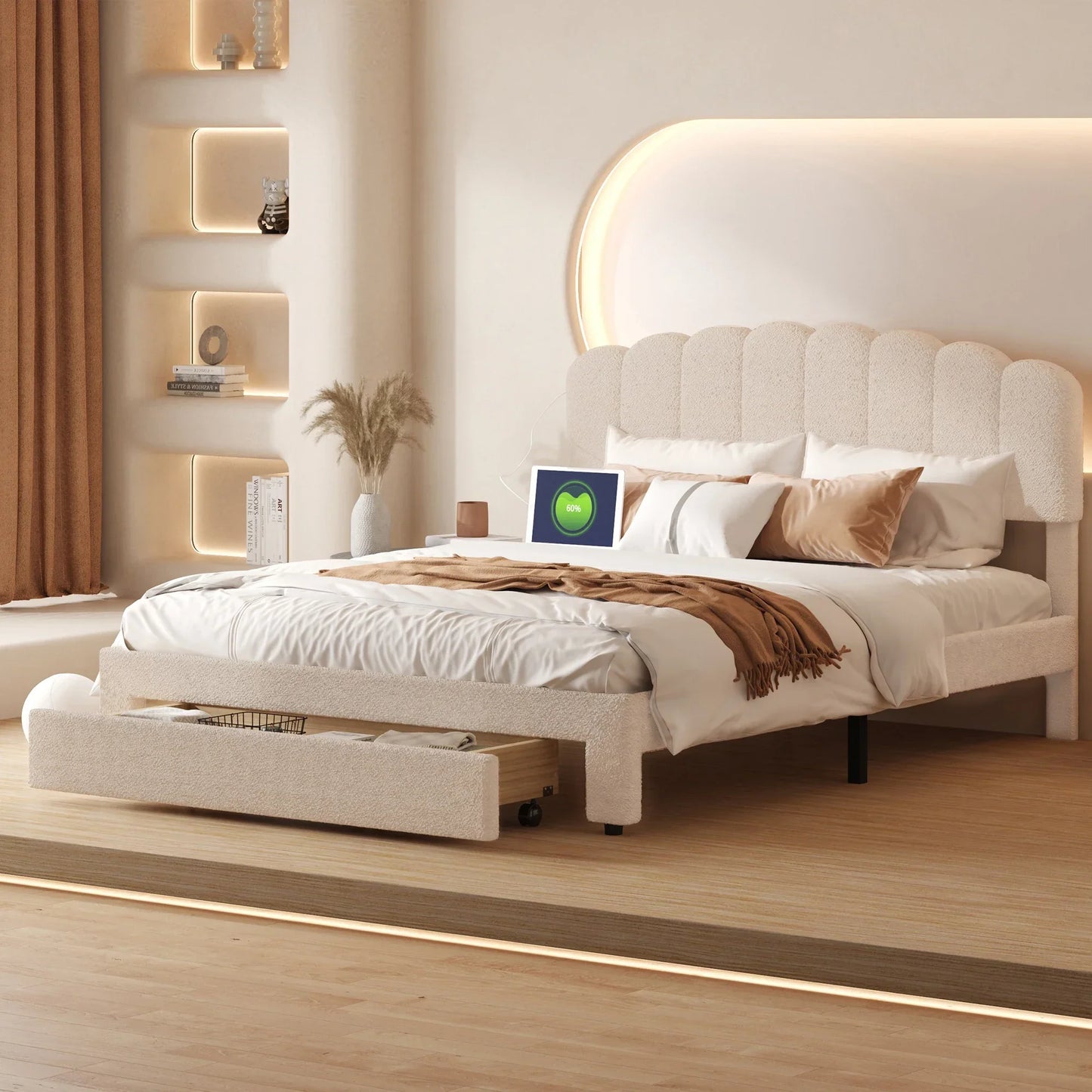 Velvet Bed with Storage & USB Ports