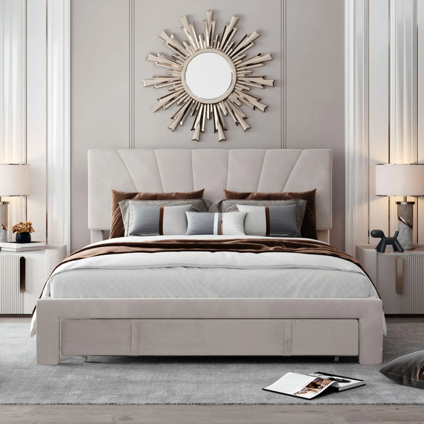 Velvet Bed with Storage Drawer