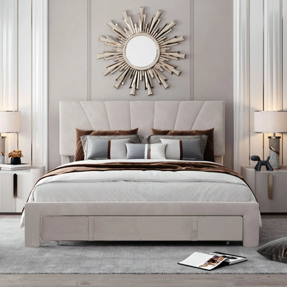 Velvet Bed with Storage Drawer