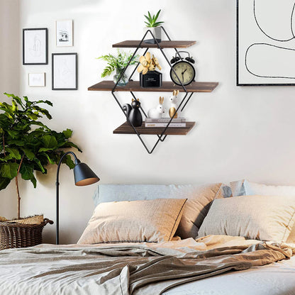 Industrial Geometric 3-Tier Wood & Metal Wall Shelf