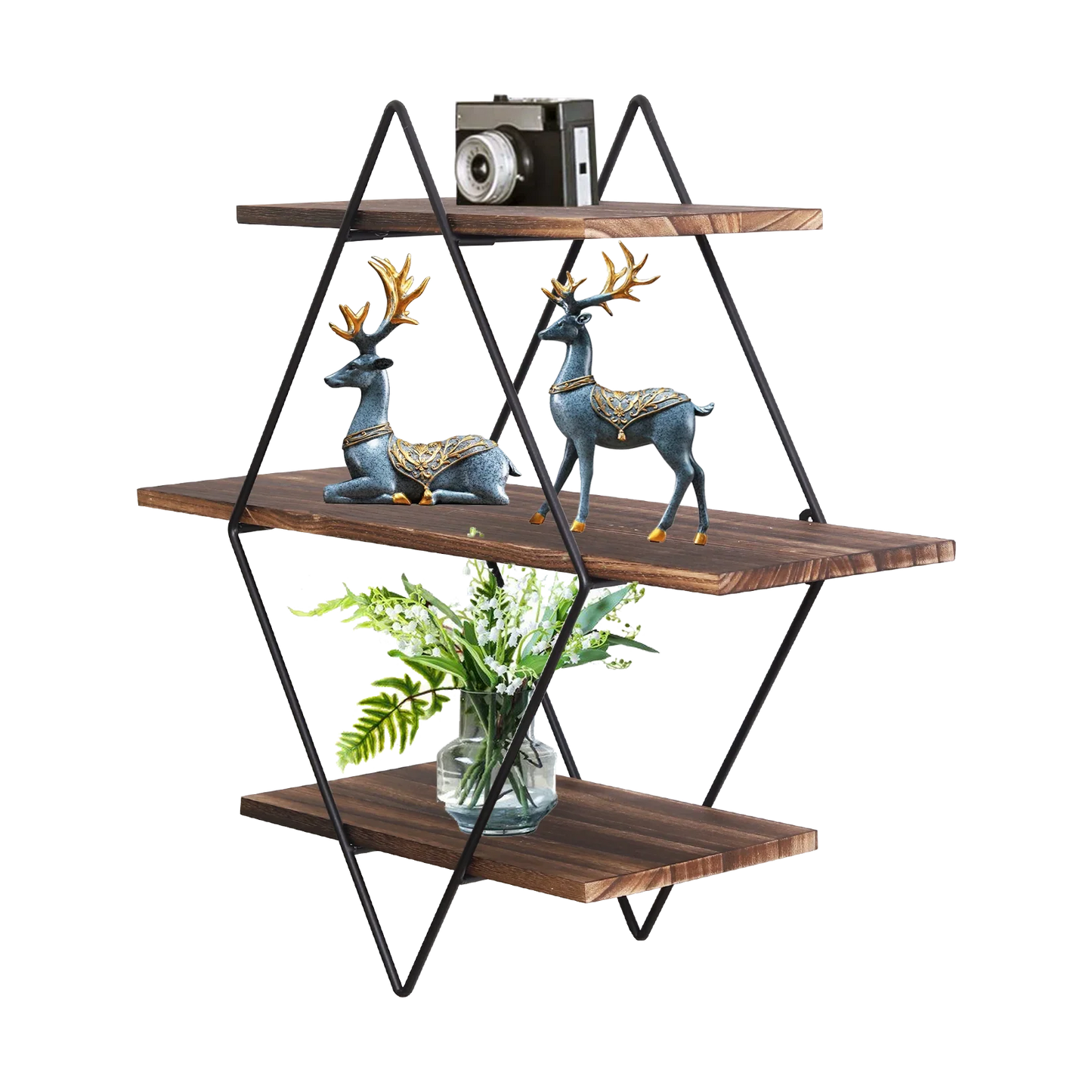 Industrial Geometric 3-Tier Wood & Metal Wall Shelf