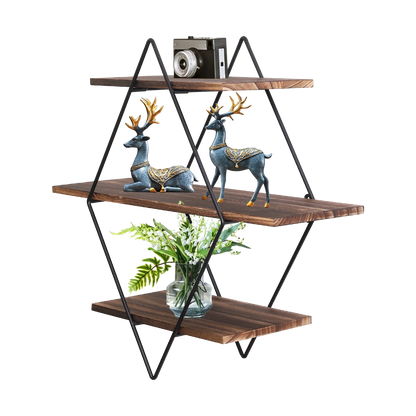 Industrial Geometric 3-Tier Wood & Metal Wall Shelf