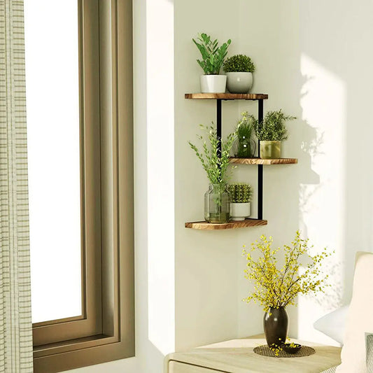 Rustic 3-Tier Wood & Metal Corner Wall Shelf