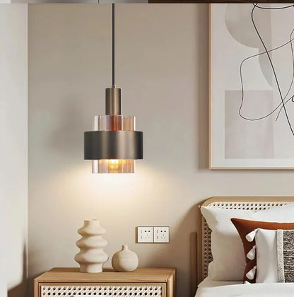 Cylindrical Amber Glass and Bronze Pendant Light