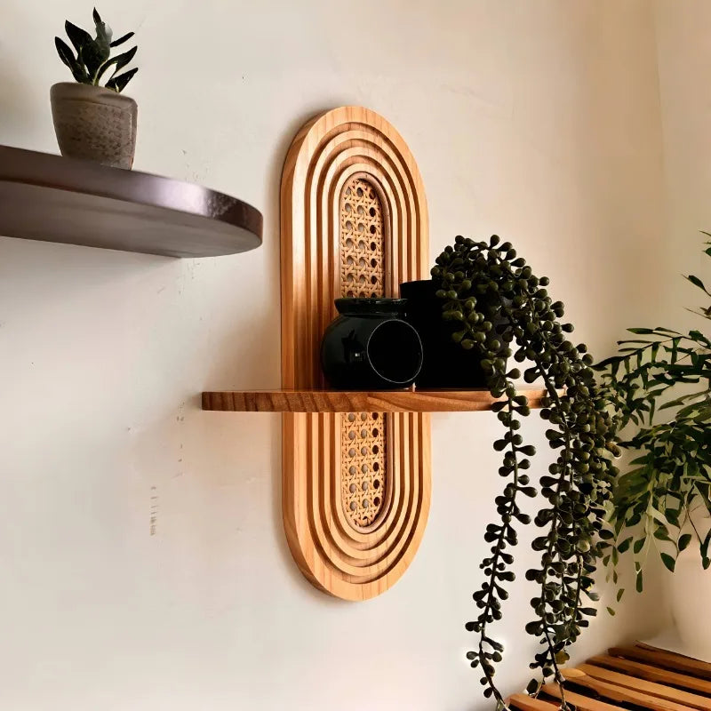 Bohemian Woven Wood and Rattan Wall Shelf