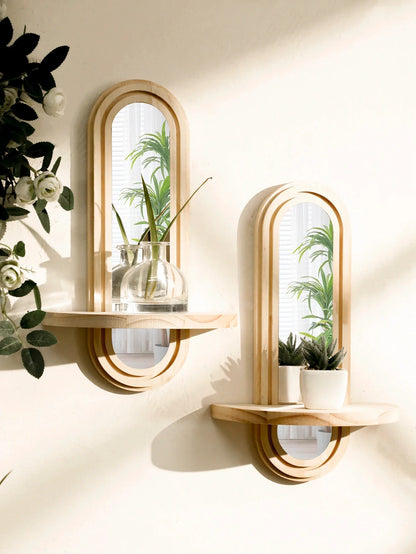 Bohemian Natural Wood Wall Shelf with Mirror
