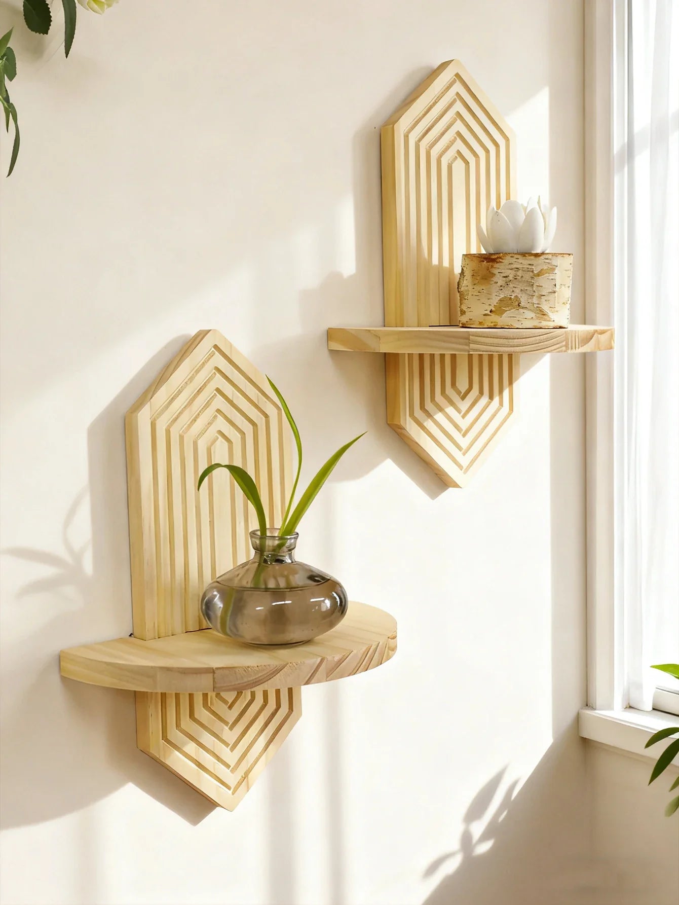 Bohemian Geometric Natural Wood Wall Shelves