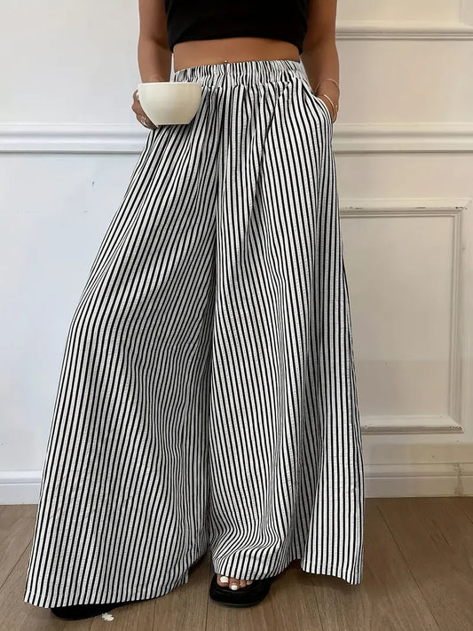 Pantalon Large Rayures Verticales Femme – Pantalon Décontracté Taille Élastique Coupe Ample